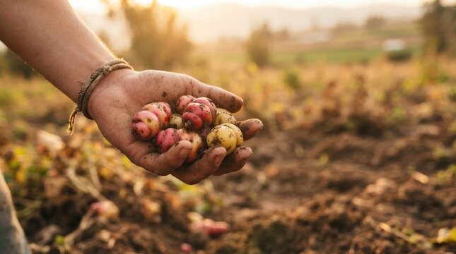 Hand holding freshly harvested colorful oca tubers in a field at sunset representing sustainable organic farming and agriculture