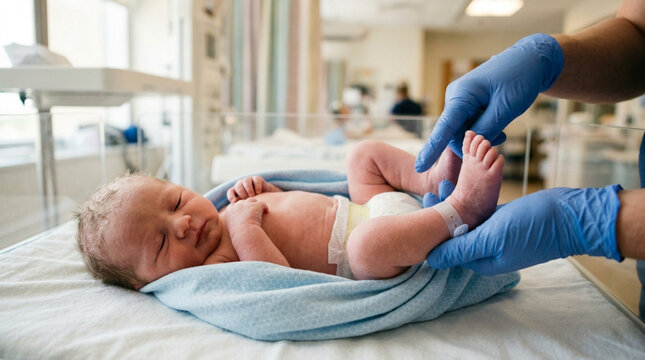 Newborn baby being held by gloved hands in hospital nursery