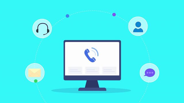 Animated flat vector motion graphic featuring an AI call center dashboard on a desktop monitor with phone, headset, email, user, and chat icons. Ideal for customer support and artificial intelligence 