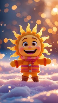 Cute smiling sun winter snow mascot cartoon photos