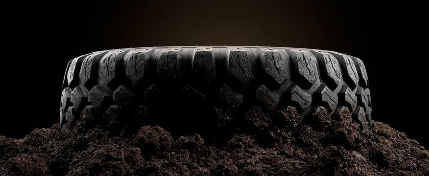 Close-up of rugged tire tread embedded in wet soil, showcasing durability and off-road performance.
