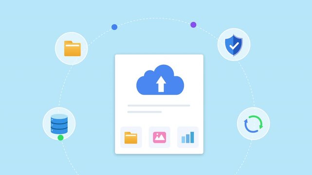 Animated flat vector motion graphic featuring an AI cloud storage dashboard with secure file management, database, folder, synchronization, and security icons. Ideal for cloud computing and artificial
