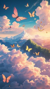 Dreamy butterflies majestic mountains glowing sunset scenery illustration images
