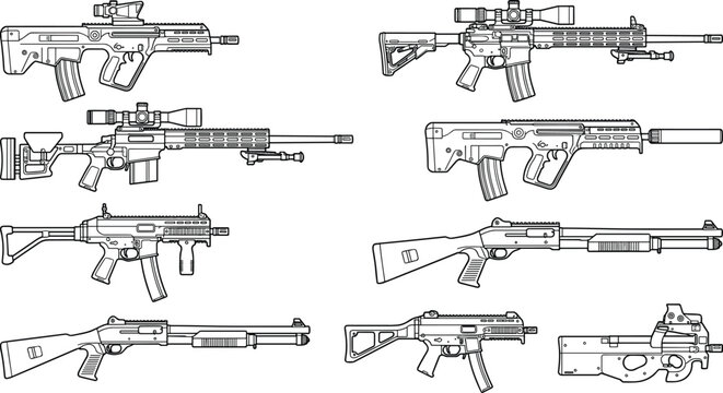 Vector Line Art Collection of Modern Firearms Tactical Rifles and Shotguns Isolated on White Background