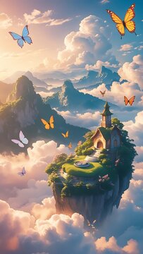 Floating fantasy island charming house butterflies clouds illustration images
