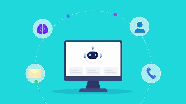 Animated flat vector motion graphic featuring an AI virtual assistant dashboard on a desktop monitor with chatbot, phone, email, and user icons. Ideal for customer support, digital communication, and 