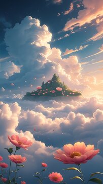 Floating island fantasy landscape pink flowers clouds hd images