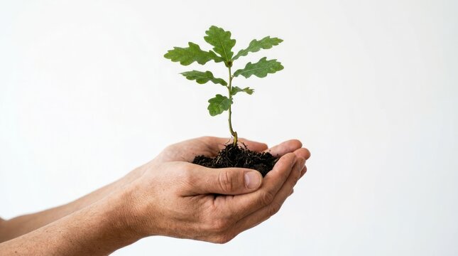 Hands Gently Holding a Young Oak Sapling with Soil.