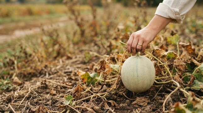 Female hand harvesting fresh cantaloupe melon in organic farm field during autumn harvest season