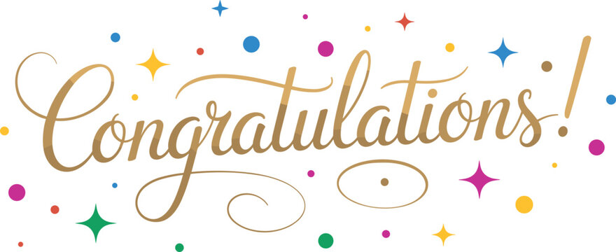 Congratulations text in gold script font surrounded by colorful confetti, stars, and dots on a clean white background