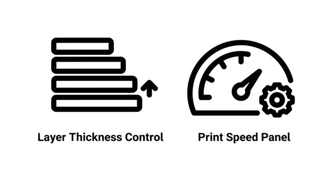 Layer thickness control and print speed panel linear icons with three dimensional thickness additive manufacturing printing settings production industrial technology adjustment