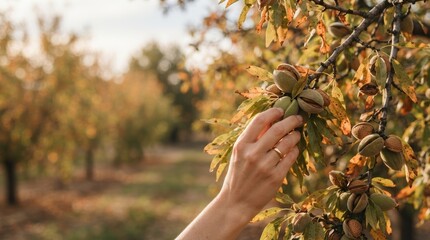 Fototapeta premium Close up of a woman hand harvesting fresh almonds from a tree in a sunny orchard during autumn harvest season