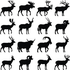 Obraz premium Horned Animal Silhouette Vector Icon Set Featuring Deer, Moose, Elk, Antelope, and Ram Shapes for Wildlife, Hunting, Forestry, and Nature Graphic Designs