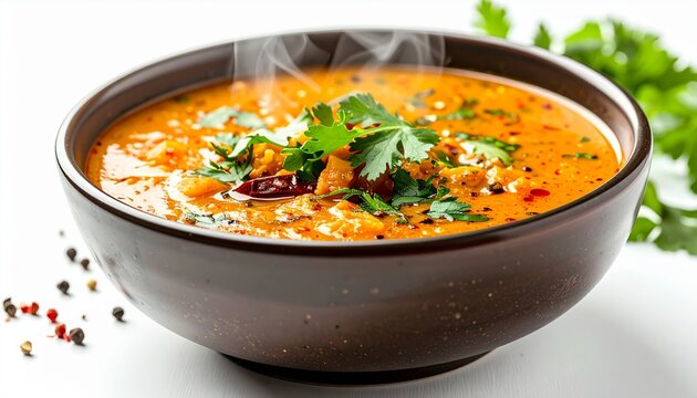 Steaming bowl of rasam soup with Indian herbs and spices, warm homemade meal presentation, clean white background, large copy space, realistic food photography
