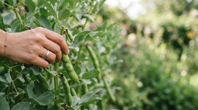Close up of a woman harvesting fresh organic fava beans in a home vegetable garden for sustainable farm to table cooking