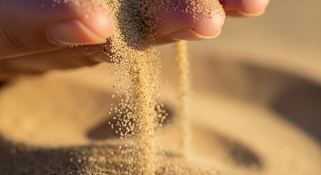 Macro shot of golden sand grains pouring through a person's fingers