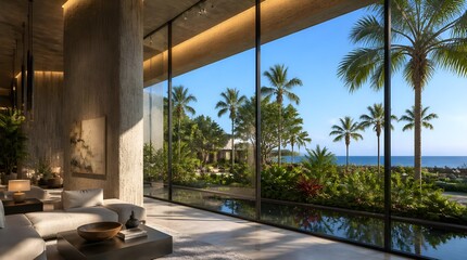 Obraz premium Modern and luxury lounge in a resort hotel with tropical garden view