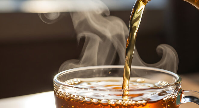 Stream of hot amber tea pouring into a glass mug with rising steam