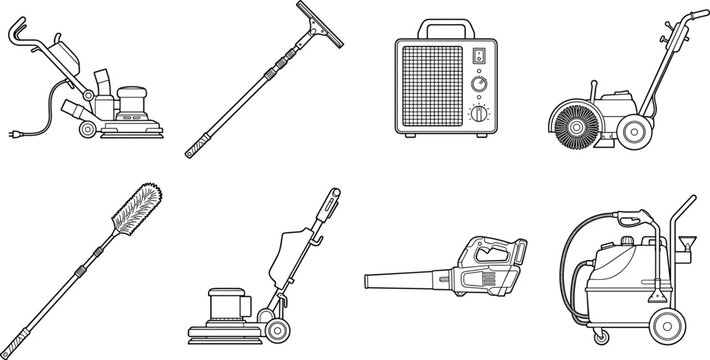 Set of professional cleaning equipment icons including floor scrubbers, vacuum cleaners, and maintenance tools