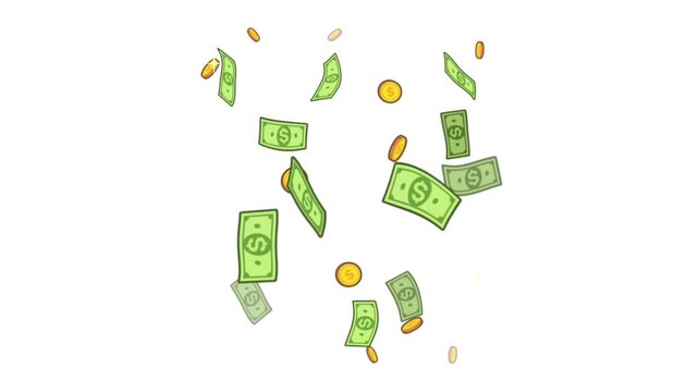 Falling US dollar bills with golden bitcoins and crypto coins. Digital currency investment and financial growth concept with money raining down.