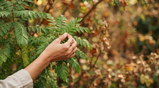 Young woman hand touching fresh green curry leaves in a garden for organic cooking and healthy lifestyle concept