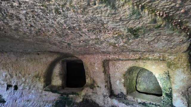 Salina, Malta - Interior view of ancient underground catacombs carved into rock, featuring arched burial niches (loculi) along the tunnel walls. A shaft light beams down from an opening above, illumin