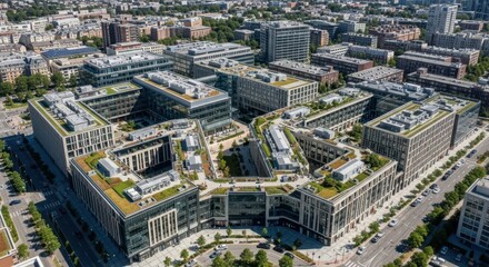 Fototapeta premium Expansive aerial view of a modern mixed-use urban development featuring contemporary architecture and green rooftops