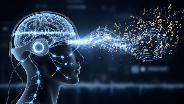 Futuristic Human Brain, VR Headset, Music Visualization, Digital Art, Technology Concept