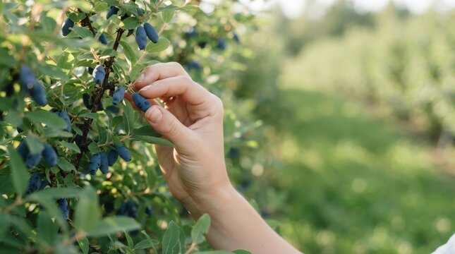 Young woman hand picking fresh ripe blue honeyberries in summer orchard for organic harvest and healthy eating concept