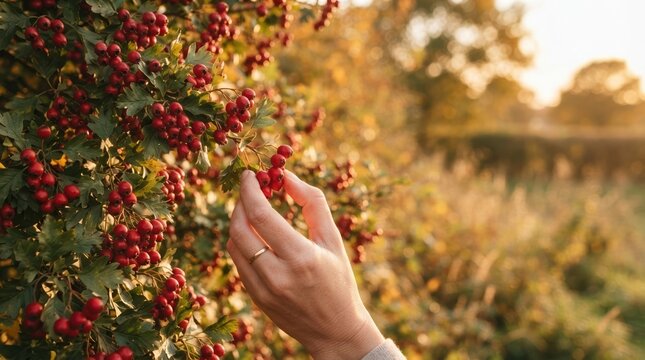 Woman hand picking red hawthorn berries from bush in autumn garden for foraging and herbal medicine concept