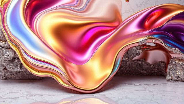 Iridescent liquid flows over stone surface. Reflective material creates vibrant, colorful waves. Smooth texture, dramatic lighting.