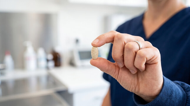 Veterinarian Holding Pet Pain Relief Tablet in Hand for Animal Health Blogs, Veterinary Websites, Pet Care Awareness, and Online Resources for Pet Owners