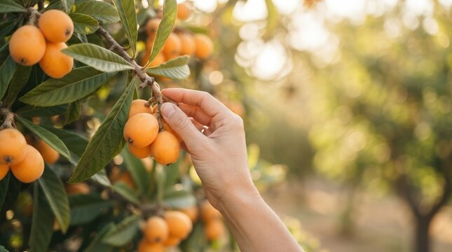 Hand picking fresh ripe loquats from tree in orchard at sunset for organic fruit harvest and healthy eating concept