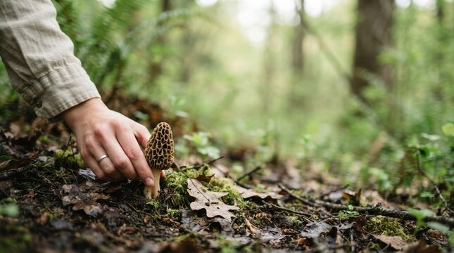 Person foraging for wild morel mushroom in forest, hand picking edible fungi in spring nature, sustainable food gathering