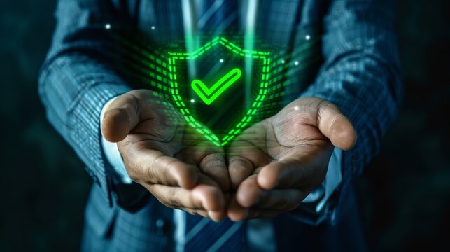 A green compliance tick symbol projected as a hologram in the hands of a businessman, representing adherence to regulations and standards