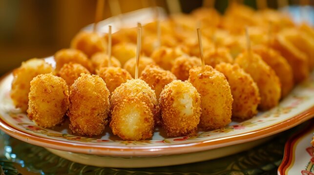 A tantalizing display of crispy cheese croquettes arranged meticulously on a plate, their golden exteriors tempting the taste buds with promises of savory indulgence