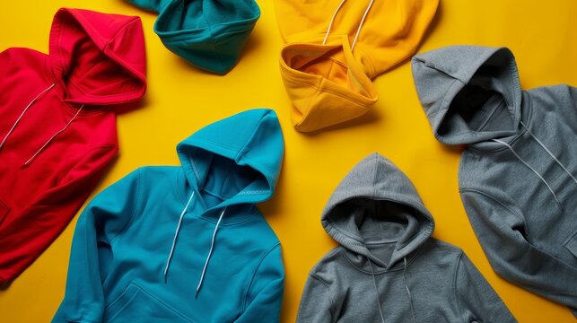 In a playful arrangement, several hoodies are scattered on a vibrant background, showcasing the versatility and appeal of these wardrobe staples