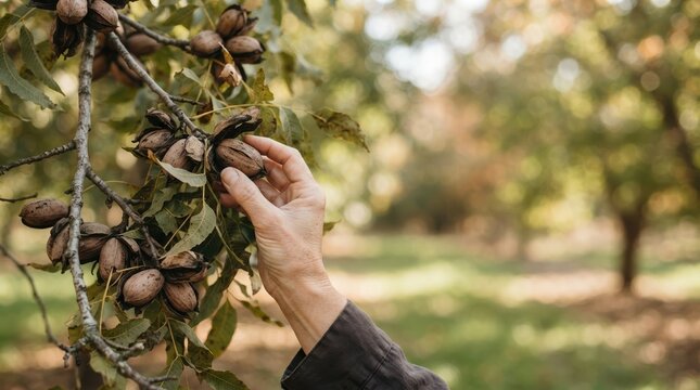 Mature woman harvesting organic pecans from tree in autumn orchard, sustainable farming and healthy food concept