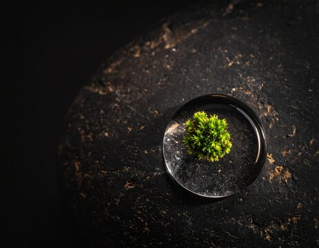 漆黒のストーンとガラスに閉じ込められた鮮やかな苔のコピースペース付きテクスチャ