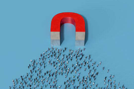Large red horseshoe magnet pulling a crowd of diverse people towards it, on a solid light blue background representing customer attraction and growth