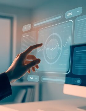 Business professional touching futuristic digital interface. Corporate executive using interactive holographic screen for data analysis.