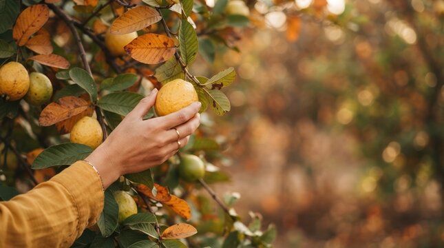Young woman harvesting ripe yellow guava fruit in organic orchard, sustainable farming and healthy food concept