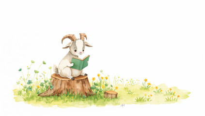 Naklejka premium 春の草原で本を読む子ヤギの水彩イラスト