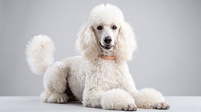 Elegant Poodle with Pom-Poms After Grooming Lying on Clean Surface for Pet Blogs, Animal Care Websites, Grooming Tips, and Pet Product Advertisements