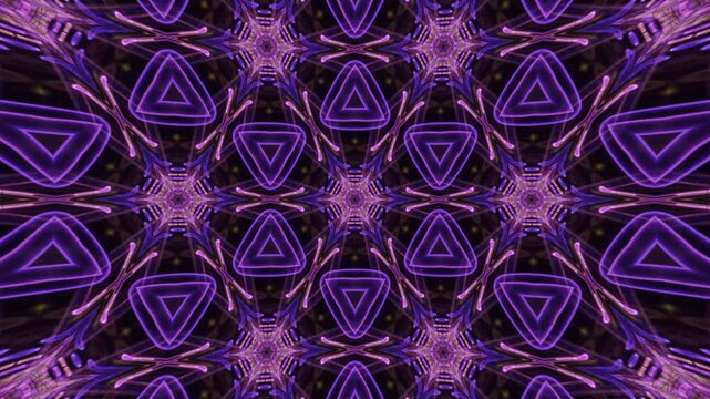 Abstract kaleidoscope animation with bright neon colored lines, vibrant symmetrical pattern, futuristic digital design, colorful geometric composition, modern seamless background for creative visual p