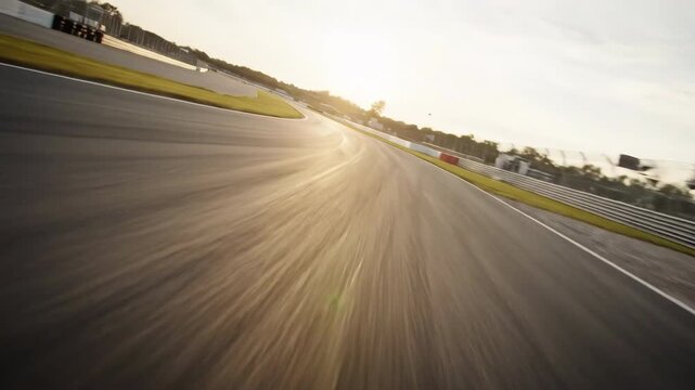 Extremely low high speed cinematic dolly shot skimming rapidly across the smooth dark asphalt surface of a long continuous racetrack curve