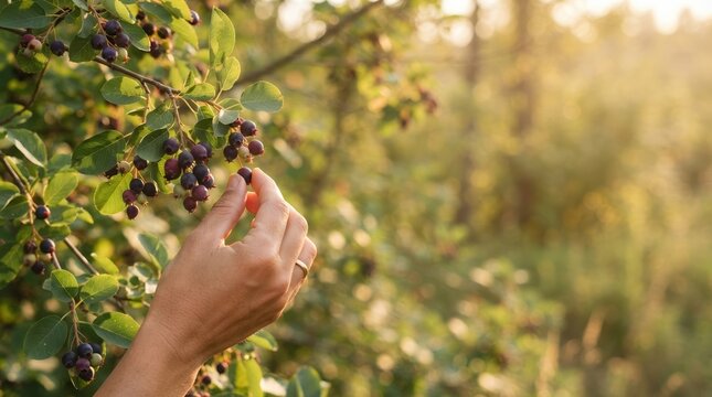 Woman picking fresh Saskatoon berries from bush in summer garden for healthy organic food harvest concept
