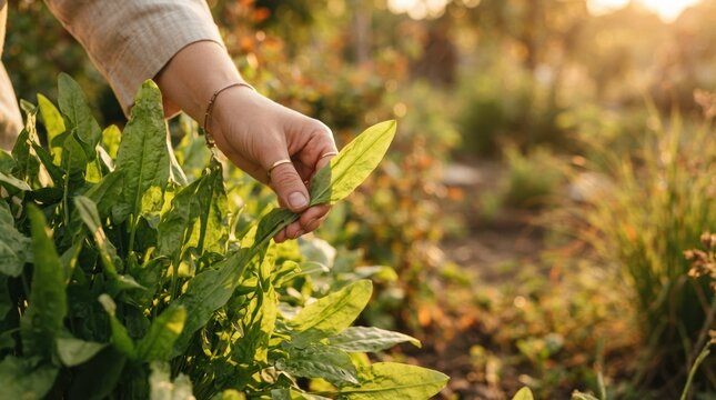 Woman hand harvesting fresh organic sorrel leaves in a sunny home garden at sunset for healthy cooking and farm to table