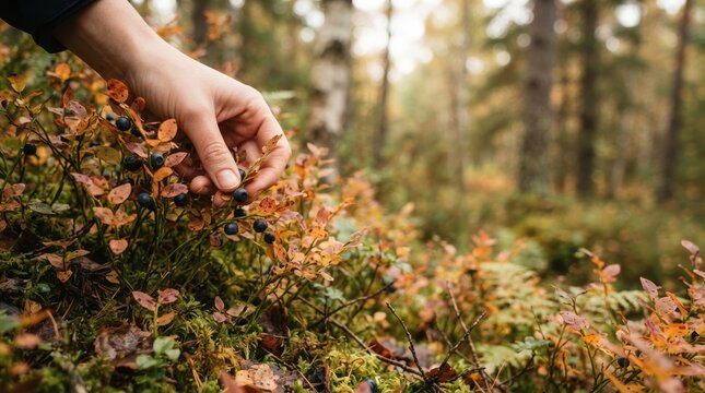 Woman picking fresh wild blueberries in autumn forest, foraging organic berries for healthy food and seasonal lifestyle