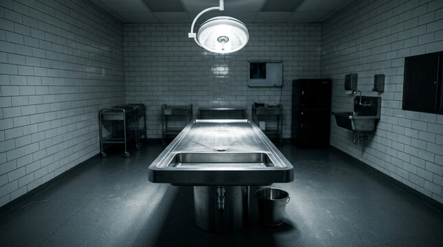 Empty morgue room with metal autopsy table. Dark medical facility with surgical lighting.